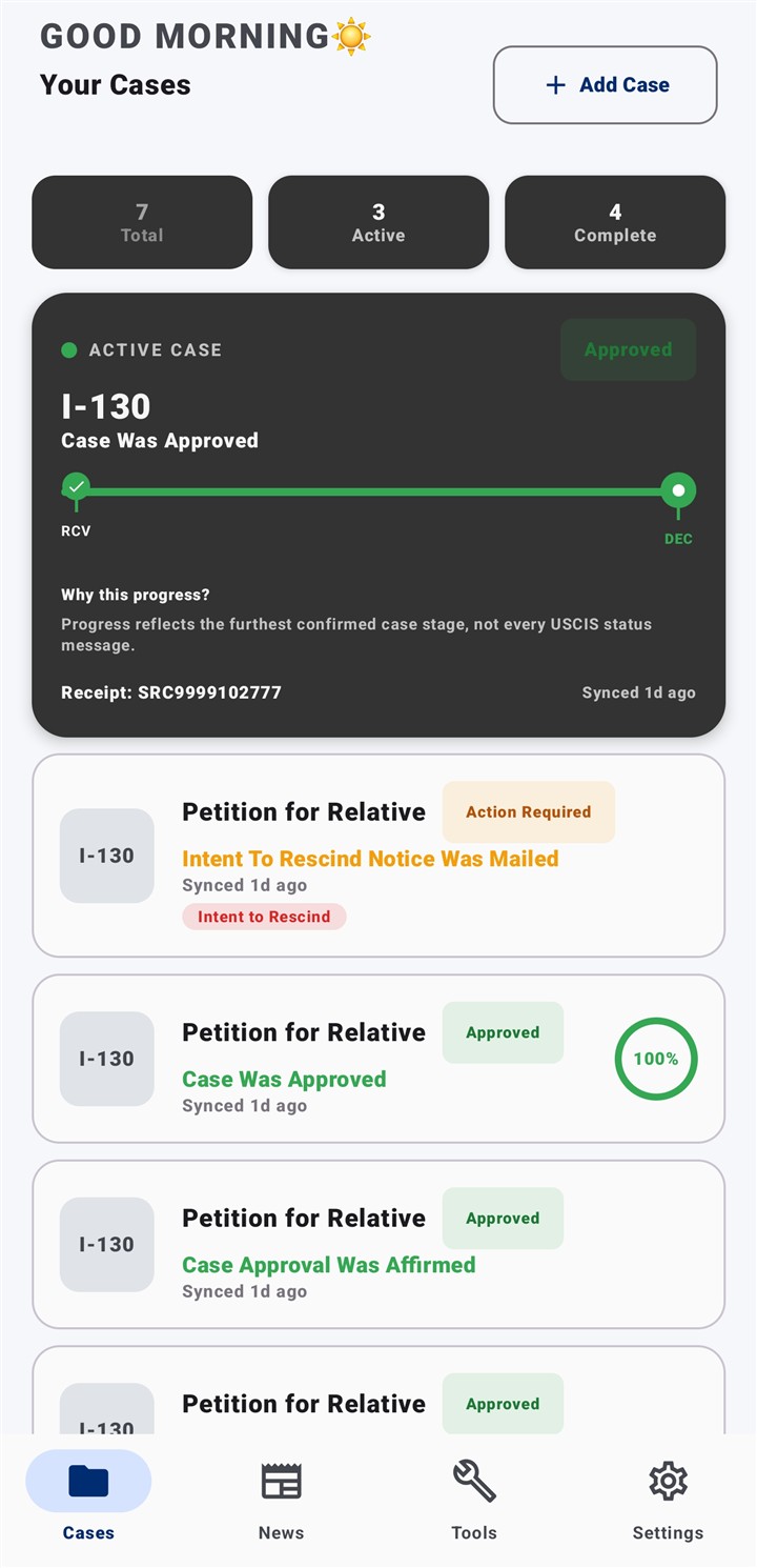 CaseFlow home screen showing 7 tracked USCIS cases with status pills and an active-case spotlight card.