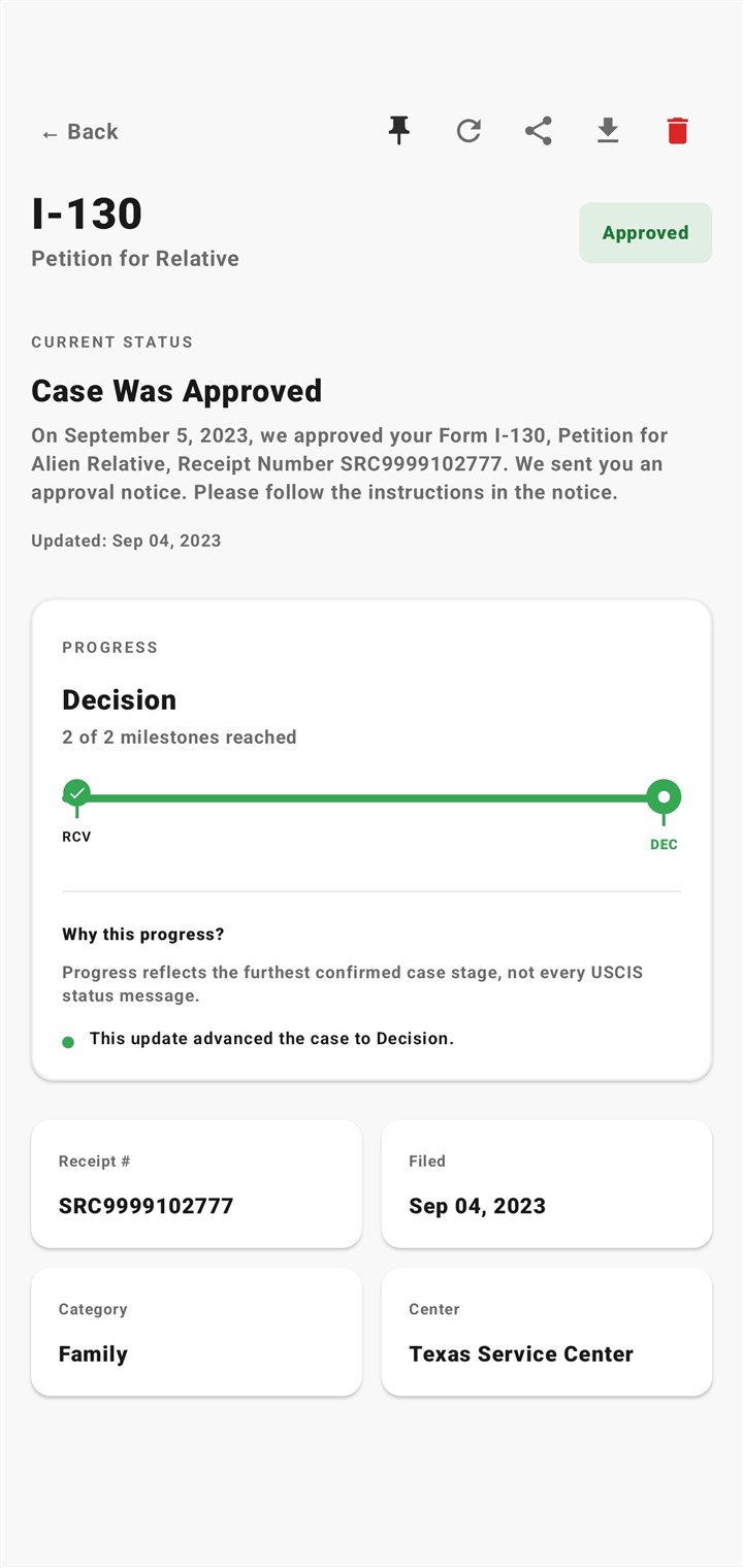 CaseFlow case-detail screen with the current USCIS status, progress bar, and case metadata.