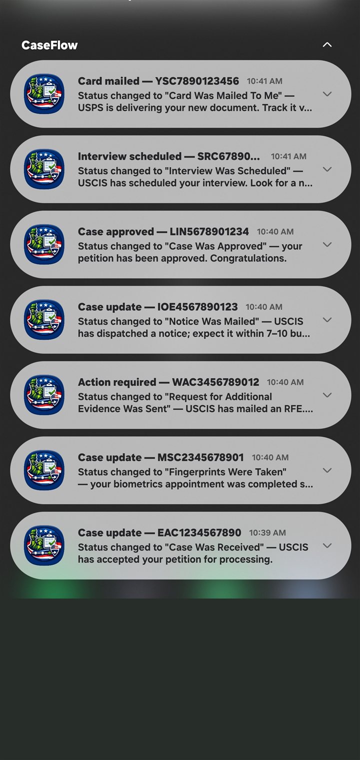 Android notification shade showing seven CaseFlow push notifications with real USCIS status updates.